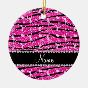 Neon hot pink glitter zebra stripes cheerleading ceramic tree decoration