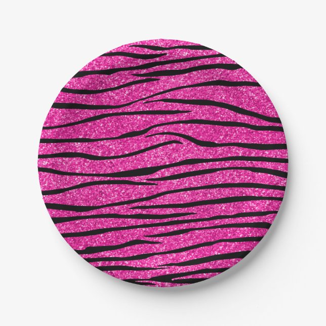 Neon hot pink glitter zebra stripes paper plate (Front)