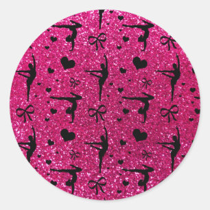 Neon hot pink gymnastics glitter pattern classic round sticker