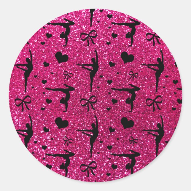 Neon hot pink gymnastics glitter pattern classic round sticker (Front)