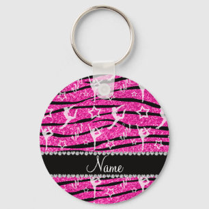 Neon hot pink gymnastics glitter zebra stripes key ring