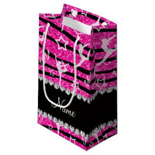 Neon hot pink gymnastics glitter zebra stripes small gift bag