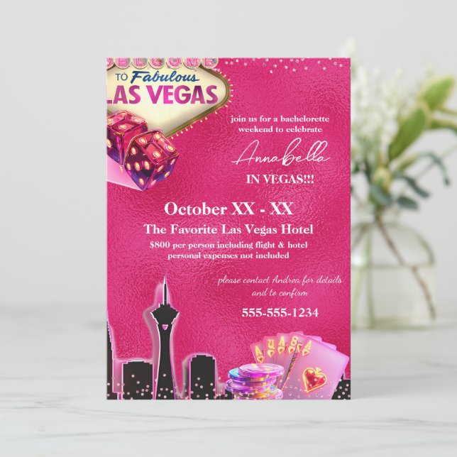 Neon Hot Pink Las Vegas Skyline Invitation (Standing Front)