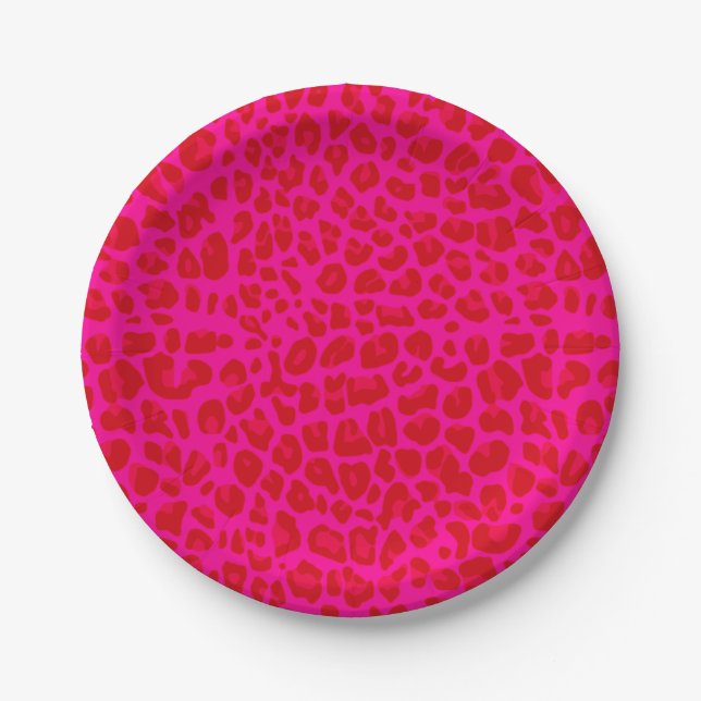 Neon hot pink leopard print pattern paper plate (Front)