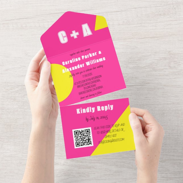Neon Hot Pink Yellow Retro Modern Bold Elegant All In One Invitation (Tearaway)