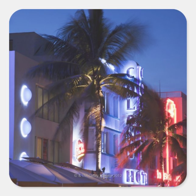 Neon hotel at night, Ocean Drive, South Miami Beac Square Sticker (Front)
