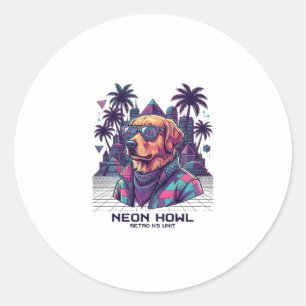 Neon Howl Retro K9 Unit Dog Sunglasses Palm Tree_1 Classic Round Sticker
