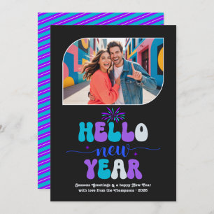 Neon Ice Hello New Year Blue Retro Photo Holiday Card