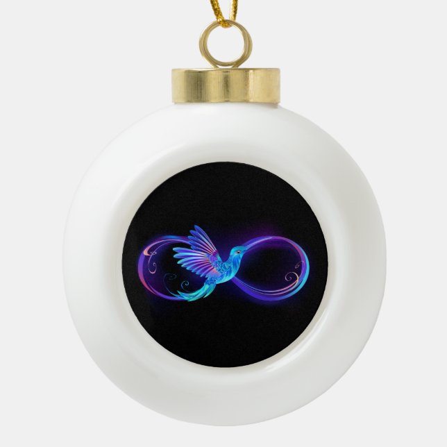 Neon Infinity Symbol with Glowing Hummingbird Ceramic Ball Christmas Ornament (Front)
