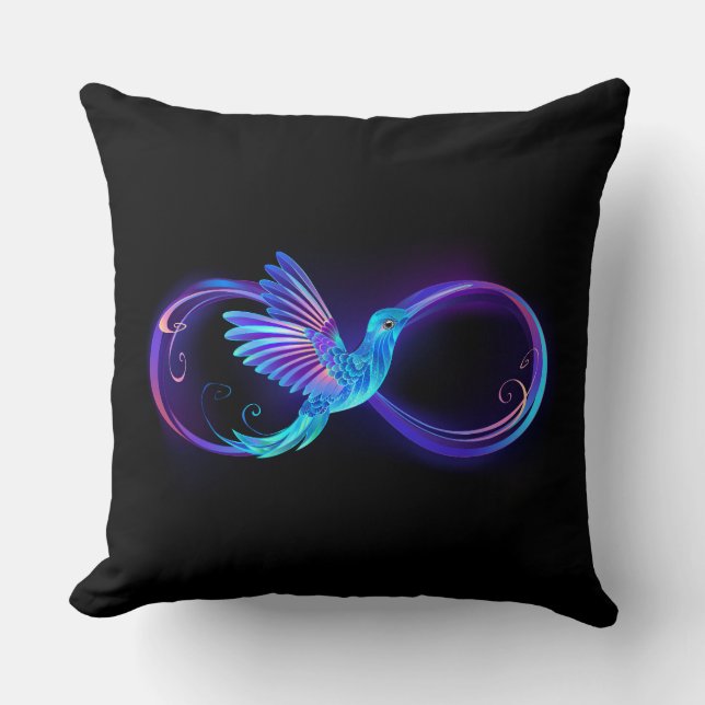 Neon Infinity Symbol with Glowing Hummingbird Cushion (Front)