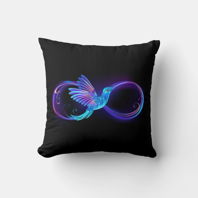 Neon Infinity Symbol with Glowing Hummingbird Cushion (Front)
