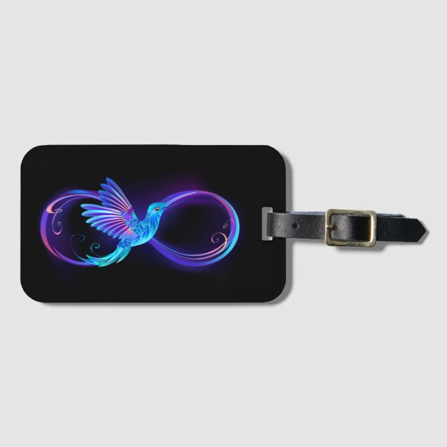 Neon Infinity Symbol with Glowing Hummingbird Luggage Tag (Front Horizontal)