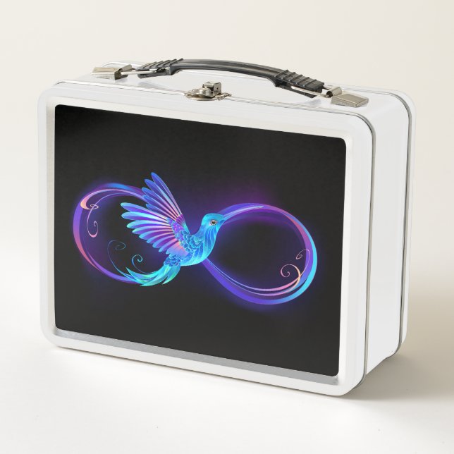 Neon Infinity Symbol with Glowing Hummingbird Metal Lunch Box (Front)