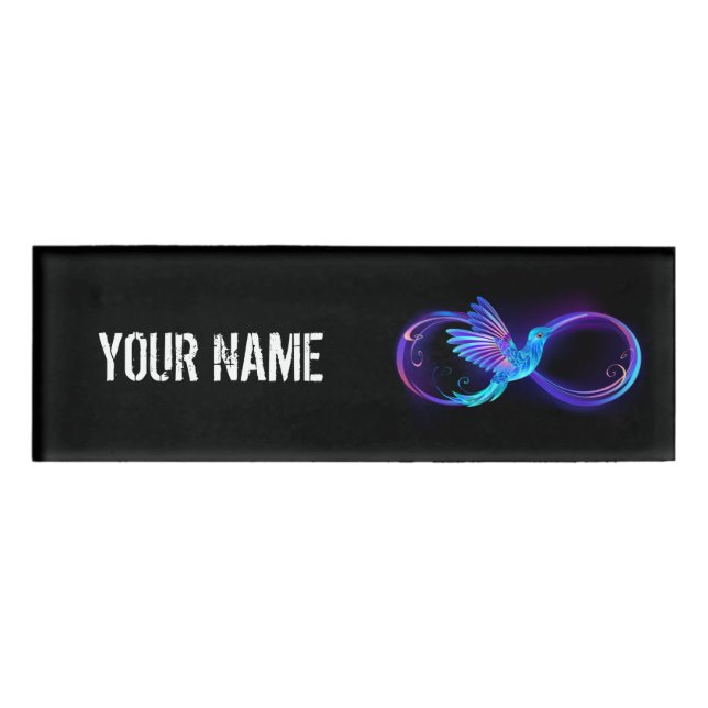 Neon Infinity Symbol with Glowing Hummingbird Name Tag (Front)
