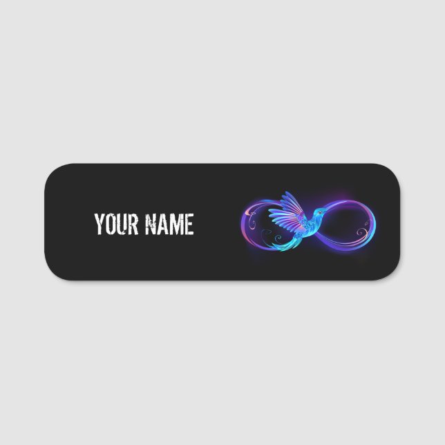 Neon Infinity Symbol with Glowing Hummingbird Name Tag (Front)