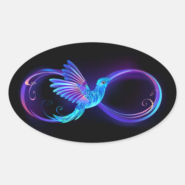 Neon Infinity Symbol with Glowing Hummingbird Oval Sticker (Front)
