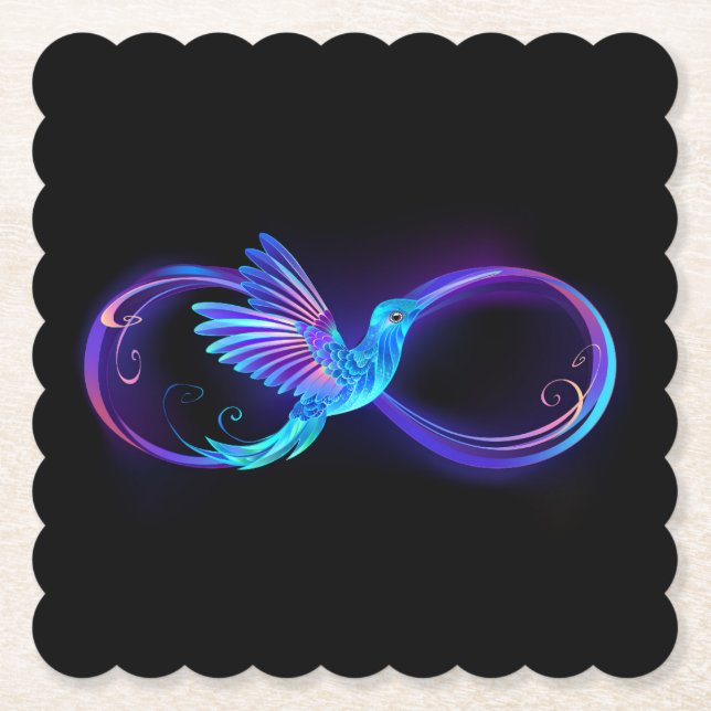 Neon Infinity Symbol with Glowing Hummingbird Paper Coaster (Front)