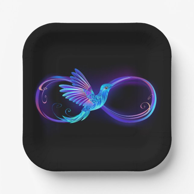 Neon Infinity Symbol with Glowing Hummingbird Paper Plate (Front)