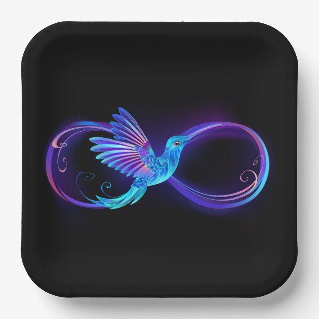 Neon Infinity Symbol with Glowing Hummingbird Paper Plate (Front)