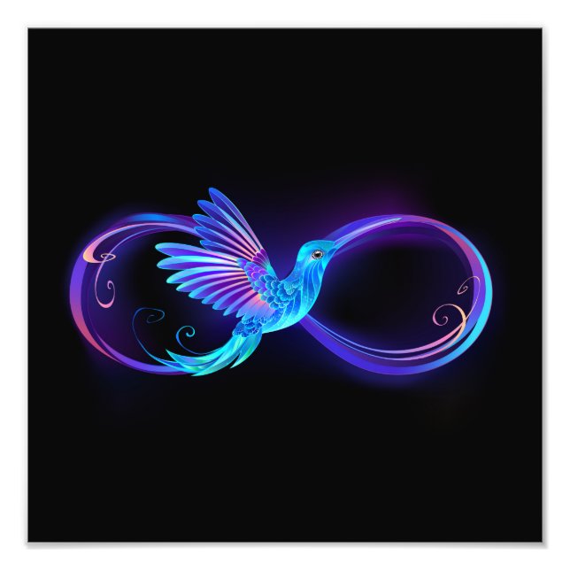 Neon Infinity Symbol with Glowing Hummingbird Photo Print (Front)