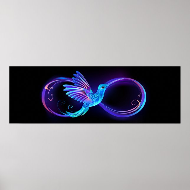 Neon Infinity Symbol with Glowing Hummingbird Poster (Front)