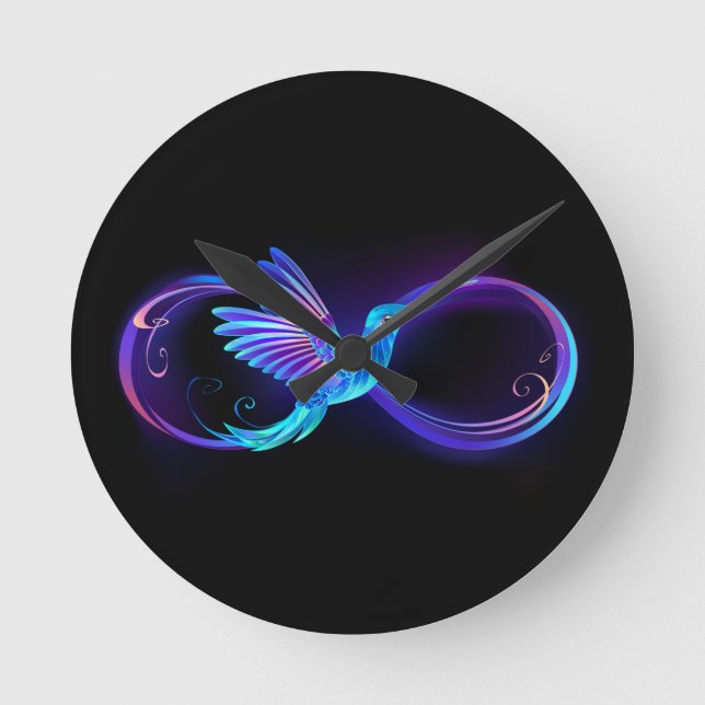 Neon Infinity Symbol with Glowing Hummingbird Round Clock (Front)