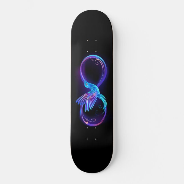 Neon Infinity Symbol with Glowing Hummingbird Skateboard (Front)