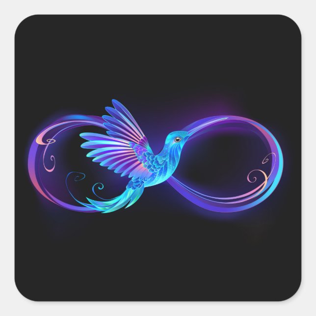 Neon Infinity Symbol with Glowing Hummingbird Square Sticker (Front)