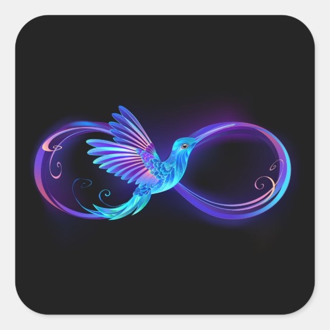 Neon Infinity Symbol with Glowing Hummingbird Square Sticker (Front)