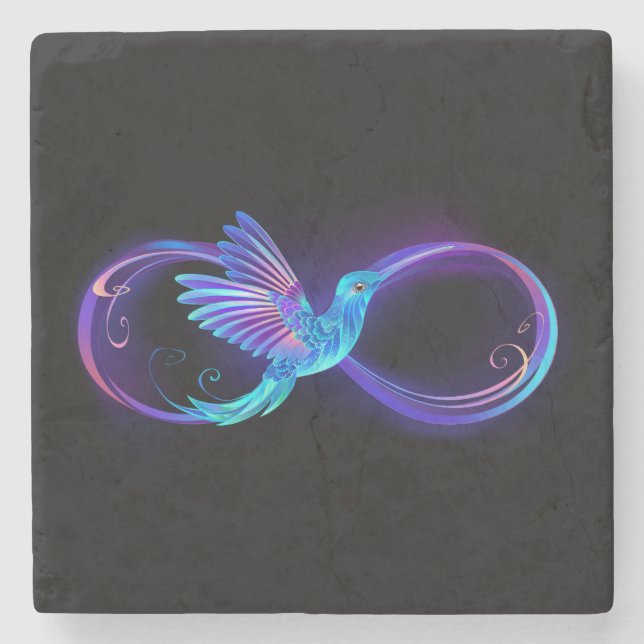 Neon Infinity Symbol with Glowing Hummingbird Stone Coaster (Front)