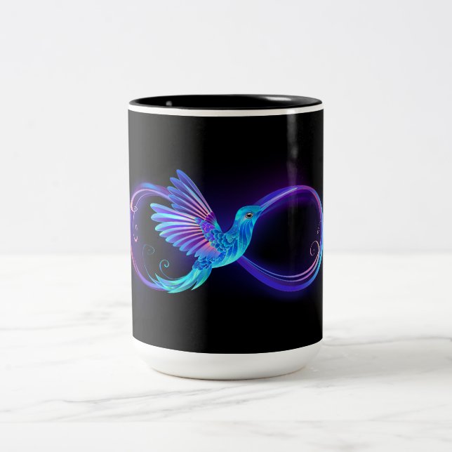 Neon Infinity Symbol with Glowing Hummingbird Two-Tone Coffee Mug (Center)