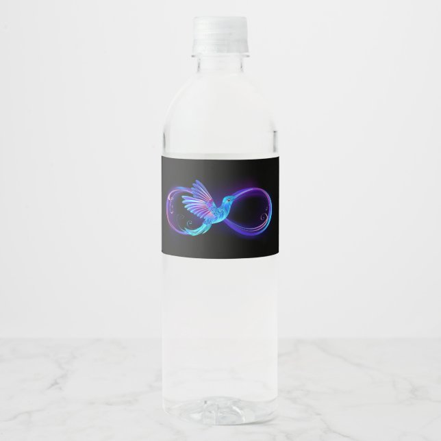 Neon Infinity Symbol with Glowing Hummingbird Water Bottle Label (Front)