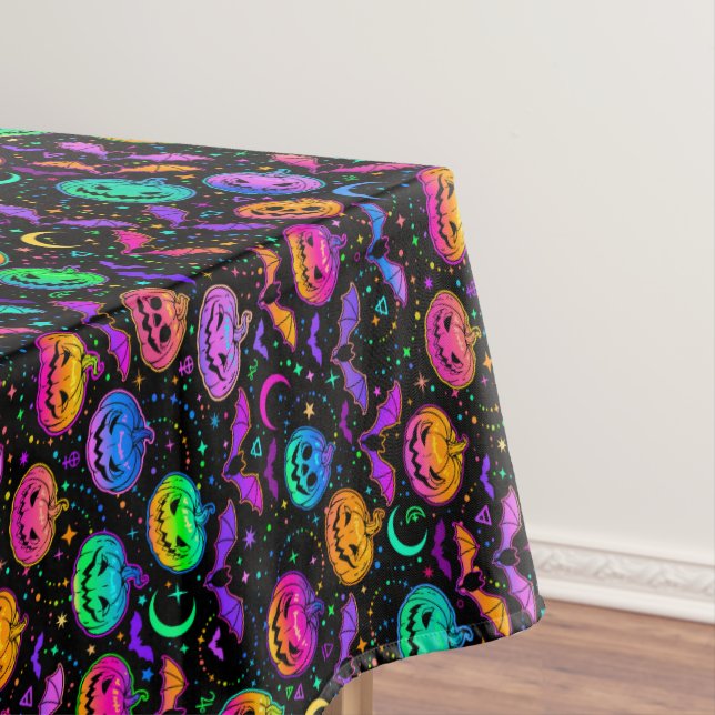 Neon Jack-O-Lanterns, Bats Stars and Moons  Tablecloth (In Situ)