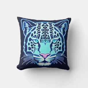 Neon Jaguar Head Outline on Dark Background Cushion