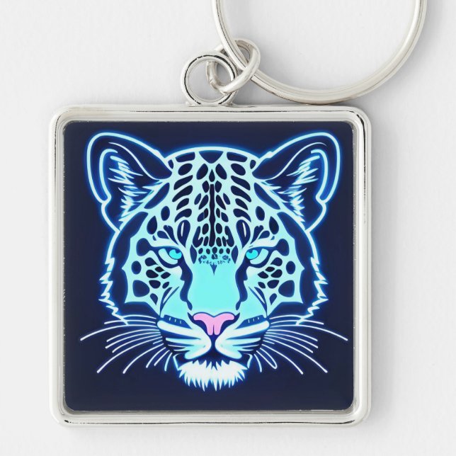 Neon Jaguar Head Outline on Dark Background Key Ring (Front)