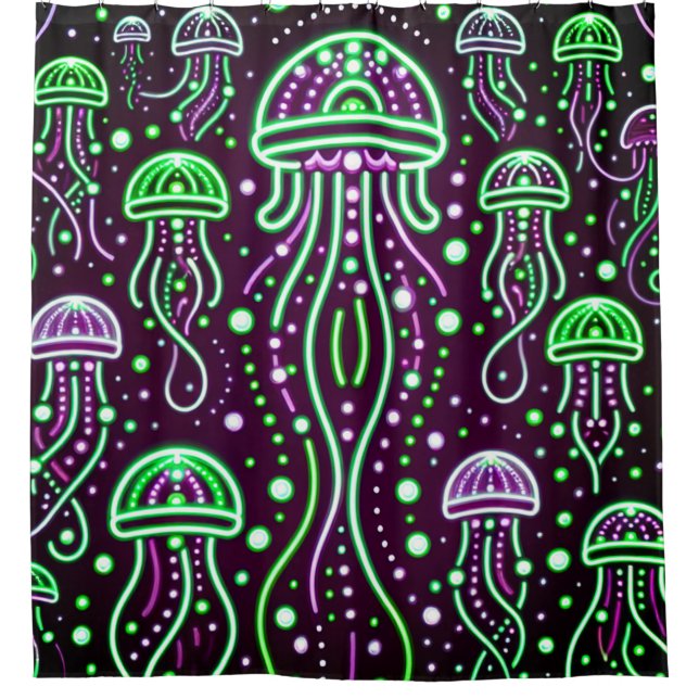 “Neon Jellyfish Glow Art” Shower Curtain (Front)