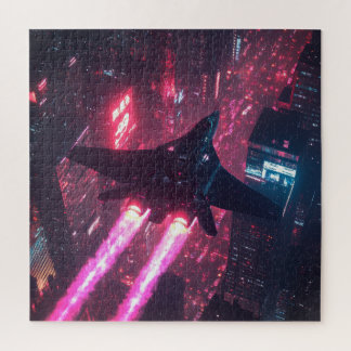 Neon Jet Over Cyberpunk City – Sci-Fi Puzzle