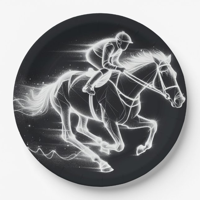 Neon Jockey On a Galloping Horse Paper Plate (Front)