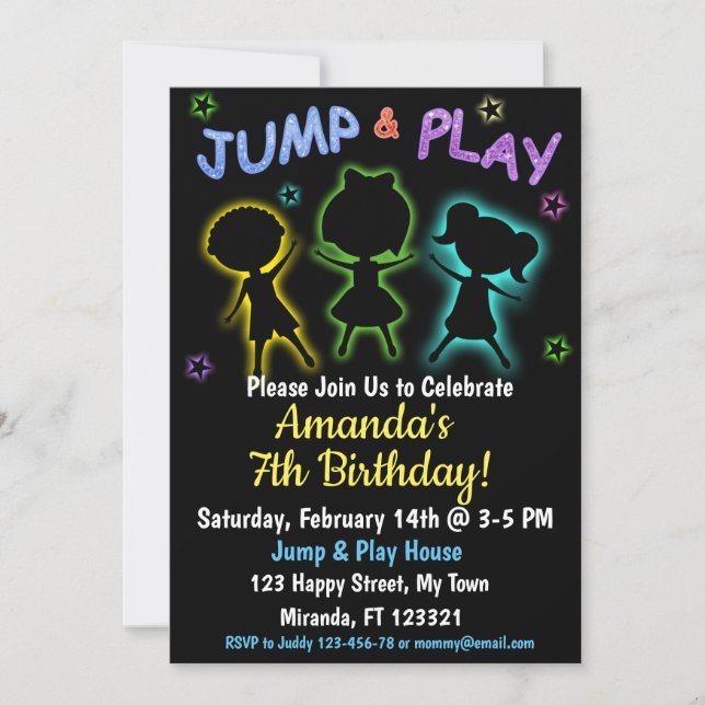 Neon Jump and Play birthday invitation (Front)