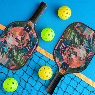 Neon Jungle Disco Ball   Funky Retro Monogram Pickleball Paddle