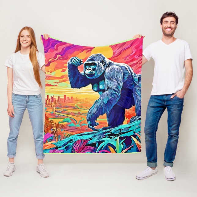 Neon Jungle Gorilla Urban Fantasy Fleece Blanket (In Situ)