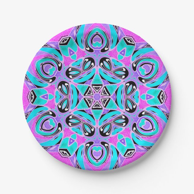 Neon kaleidoscope , mandala paper plate (Front)