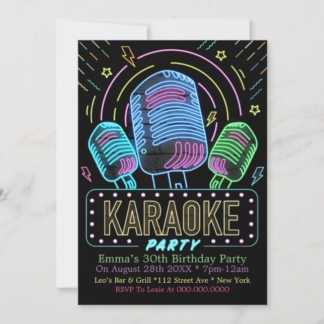 Neon Karaoke Birthday Party Invitation (Front)