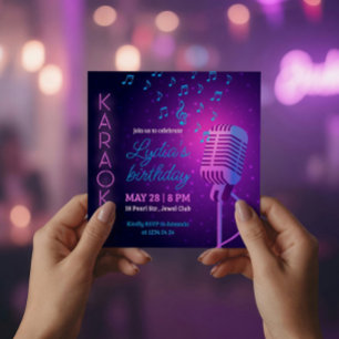 Neon Karaoke Birthday Party Microphone Square  Invitation