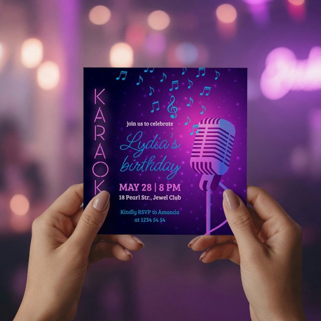 Neon Karaoke Birthday Party Microphone Square  Invitation (Creator Uploaded)
