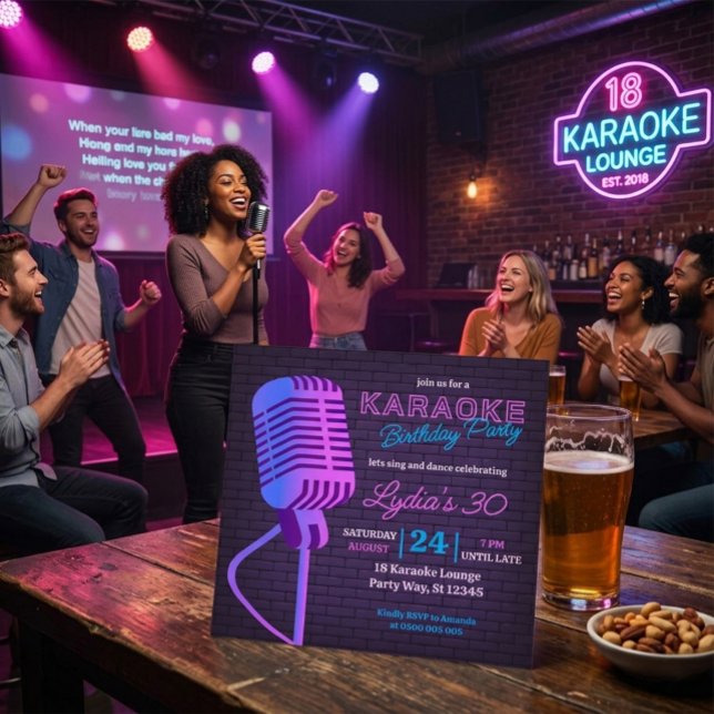 Neon Karaoke Birthday Party Microphone Square  Invitation (Creator Uploaded)