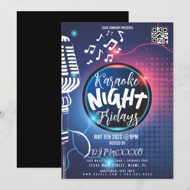 Neon Karaoke Night Event Party Bar Club Flyer B Invitation (Front/Back)