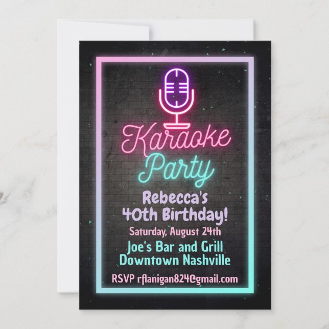 Neon Karaoke Singing Birthday Party Invitation  (Front)