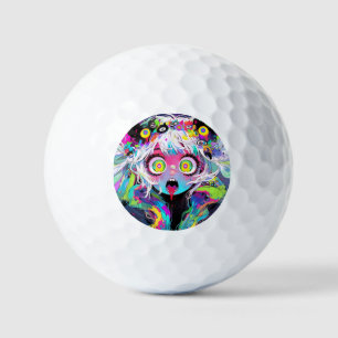 Neon Kawaii Shockwave: Psychedelic Anime Girl Golf Balls
