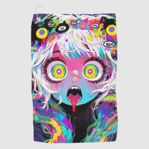 Neon Kawaii Shockwave: Psychedelic Anime Girl Golf Towel